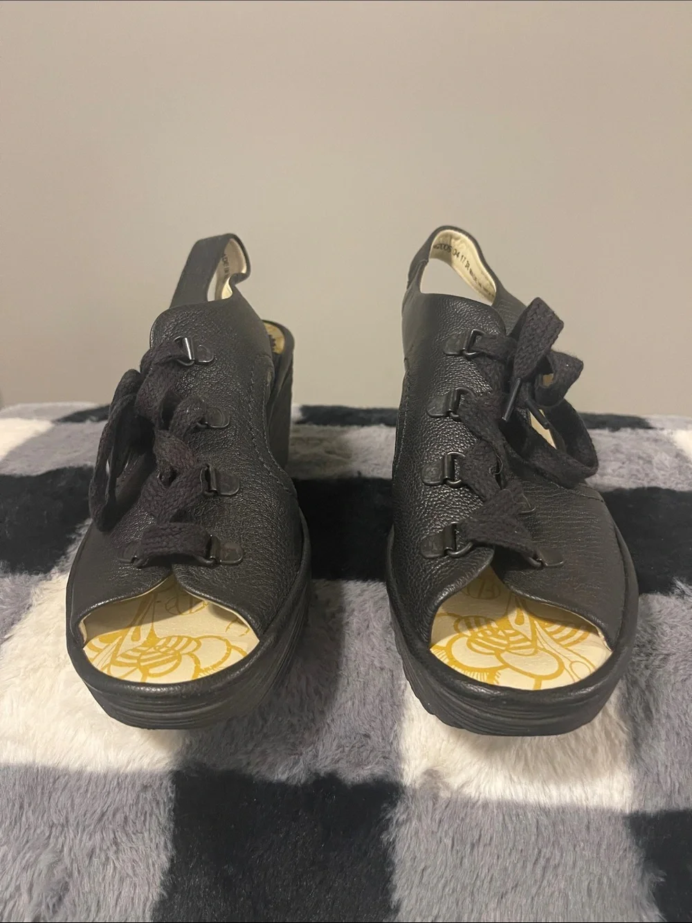 Fly London Black Lace-Up Leather Wedge Sandals